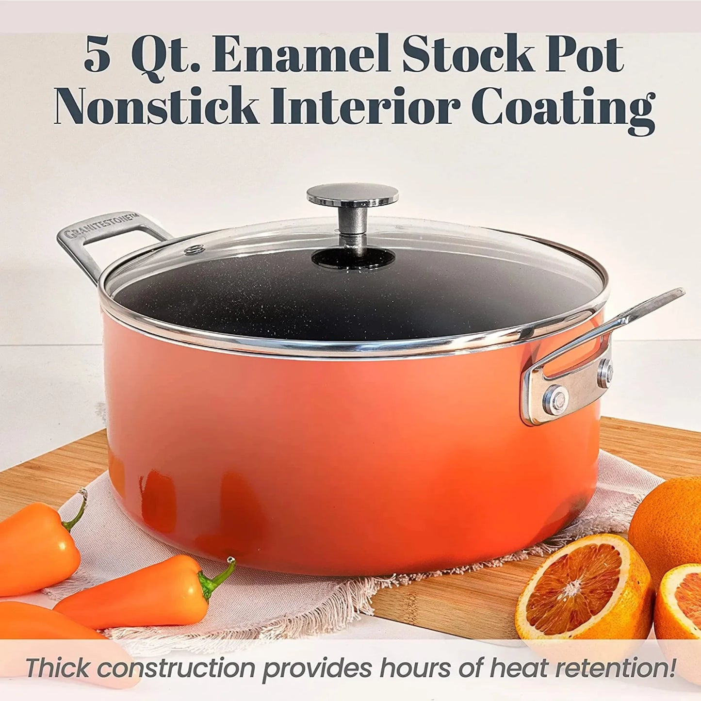 5QT Coral Nonstick Stock Pot with Glass Lid, Multi-Use Soup & Pasta Pot for Boiling, Stewing & Baking, Oven Safe