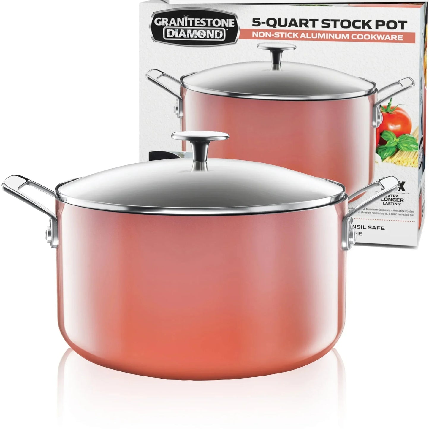 5QT Coral Nonstick Stock Pot with Glass Lid, Multi-Use Soup & Pasta Pot for Boiling, Stewing & Baking, Oven Safe