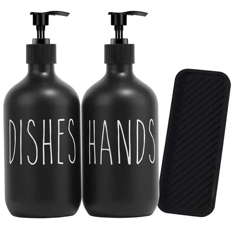 2Pcs 500ml Hand Dish Soap Dispenser Empty Pump Bottle, Kitchen Counter Decor Organization with Silicone OR Bamboo Try