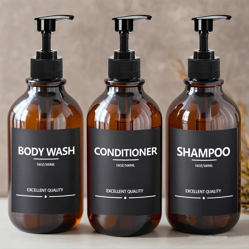 500ml Brown Soap Bottle Set with Black Label Sticker Shower Gel Household Shampoo Dispenser Liquid Container Kitchen Accessories