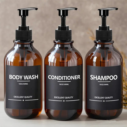 500ml Brown Soap Bottle Set with Black Label Sticker Shower Gel Household Shampoo Dispenser Liquid Container Kitchen Accessories