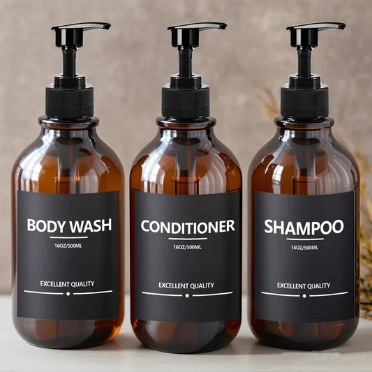 500ml Brown Soap Bottle Set with Black Label Sticker Shower Gel Household Shampoo Dispenser Liquid Container Kitchen Accessories