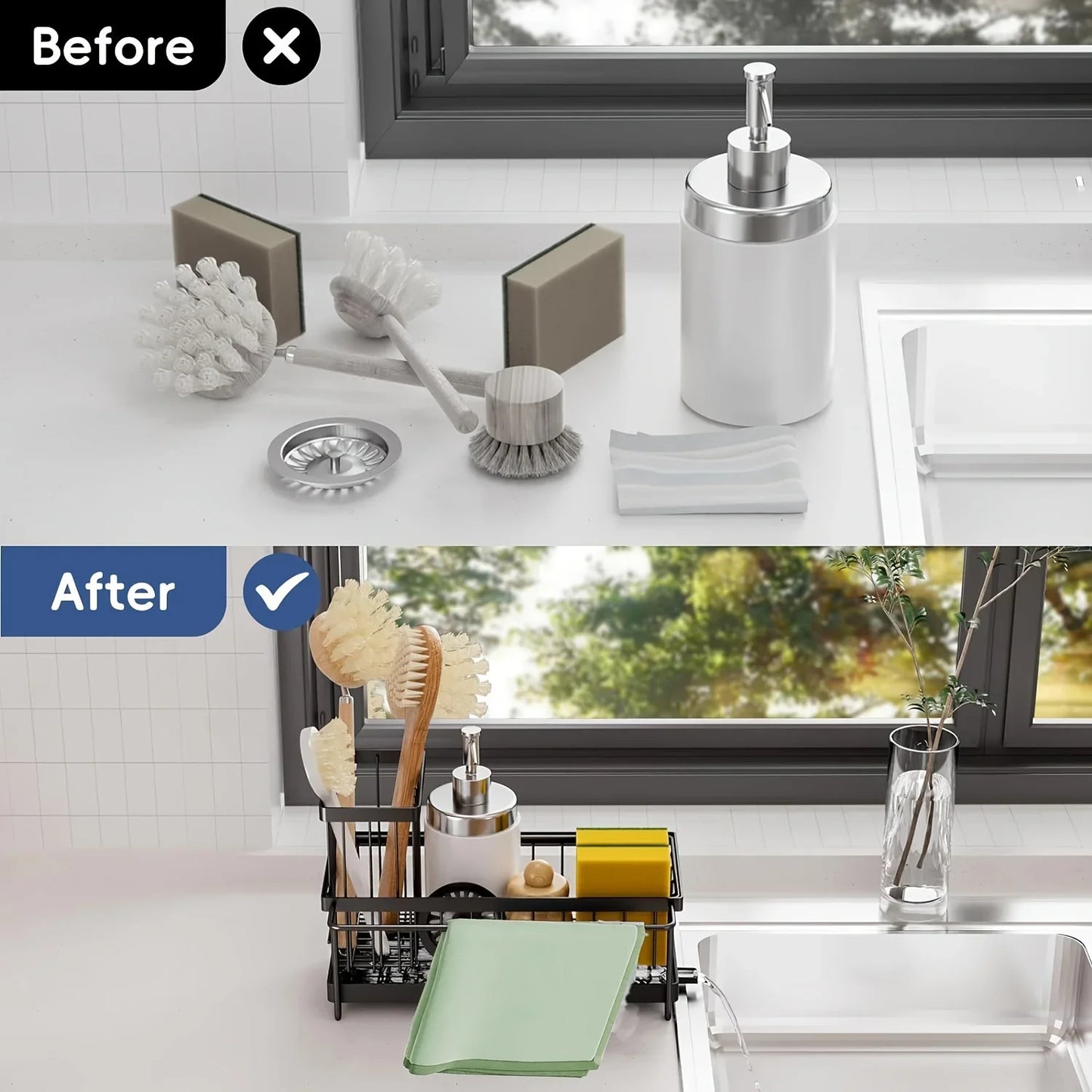 Sponge Holder for Kitchen Sink, Plastic Auto Draining Kitchen Sink Organizer, Sink Caddy with Removable Brush Holder