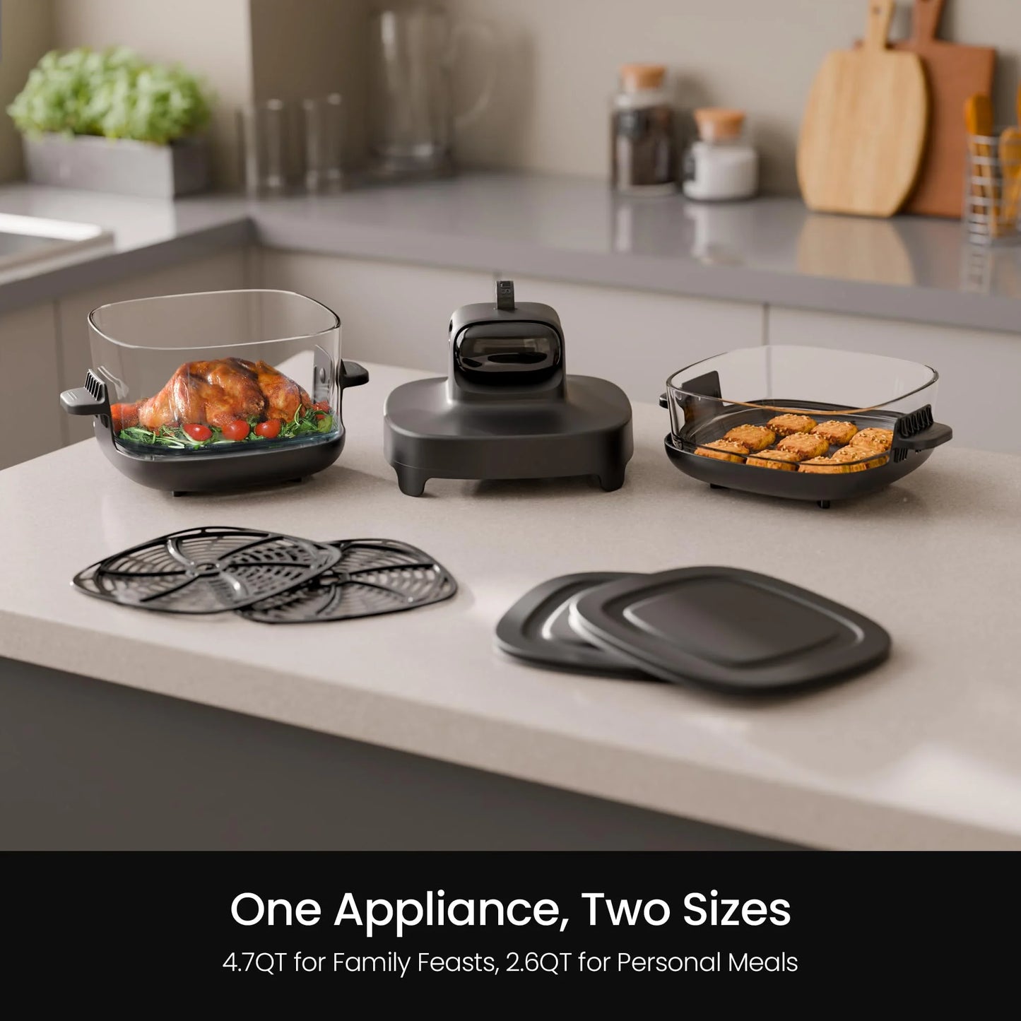 5-In-1 Portable Glass Multifunctional Air Fryer with 360° Visualization, 2 Sizes 2.6QT/4.7QT with Lids, 1500W, Refrigerator&Dishwasher Safe